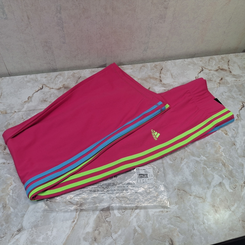 Adidas Slim Fit Flared Leg Fuchsia Leggings/Joggers with Blue and Lime NWT MED